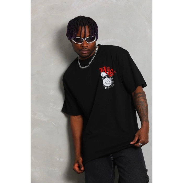 Oversize Baskılı Bisiklet Yaka T-Shirt - Siyah -