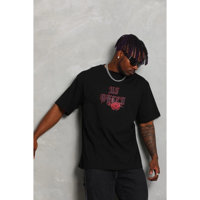 Oversize Baskılı Bisiklet Yaka T-Shirt - Siyah -