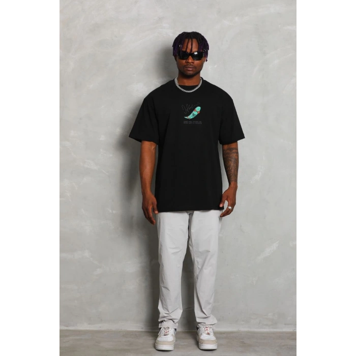 Oversize Baskılı Bisiklet Yaka T-Shirt - Siyah -