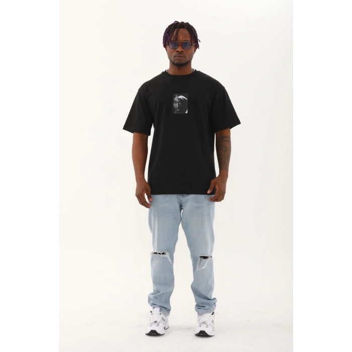 Oversize Baskılı Bisiklet Yaka T-Shirt - Siyah -