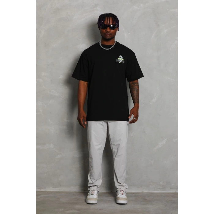 Oversize Baskılı Bisiklet Yaka T-Shirt - Siyah -