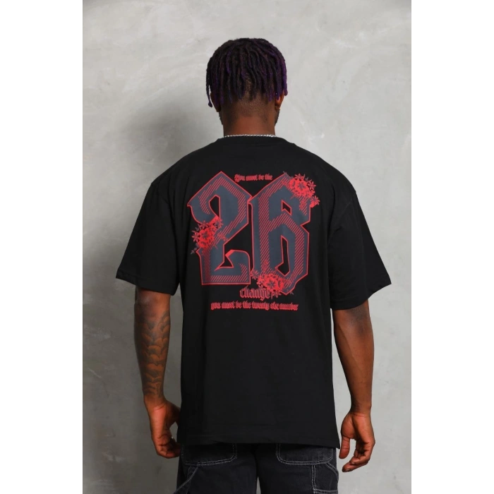 Oversize Baskılı Bisiklet Yaka T-Shirt - Siyah -