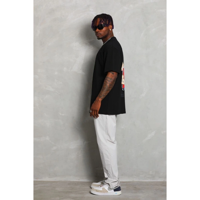 Oversize Baskılı Bisiklet Yaka T-Shirt - Siyah -
