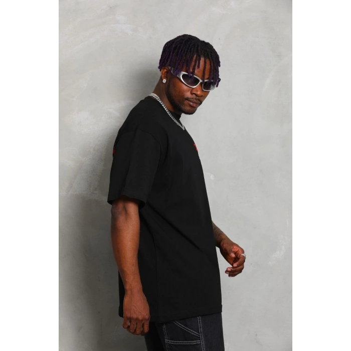 Oversize Baskılı Bisiklet Yaka T-Shirt - Siyah -
