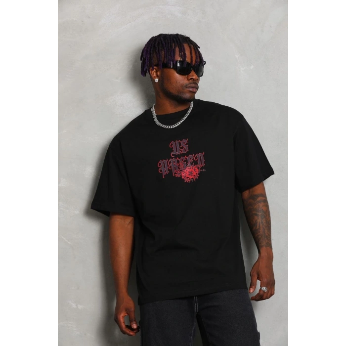 Oversize Baskılı Bisiklet Yaka T-Shirt - Siyah -