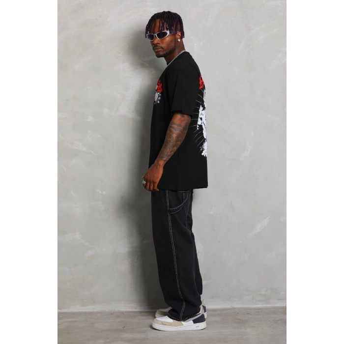 Oversize Baskılı Bisiklet Yaka T-Shirt - Siyah -