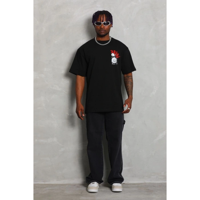 Oversize Baskılı Bisiklet Yaka T-Shirt - Siyah -
