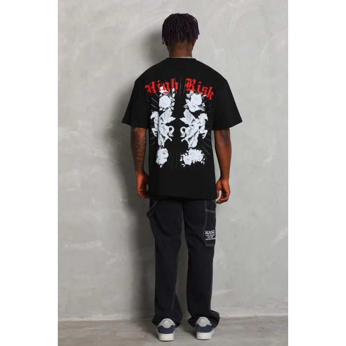Oversize Baskılı Bisiklet Yaka T-Shirt - Siyah -