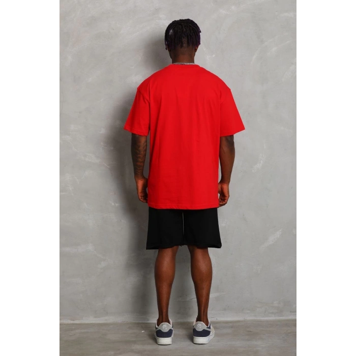 Oversize Düz Bisiklet Yaka T-Shirt - Kırmızı -