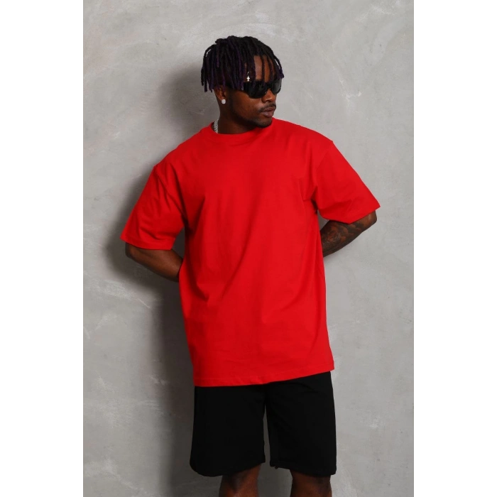 Oversize Düz Bisiklet Yaka T-Shirt - Kırmızı -