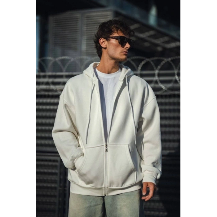 Oversize Tam Fermuarlı Uzun Kol Hırka - Beyaz