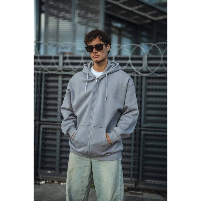 Oversize Tam Fermuarlı Uzun Kol Hırka - Gri