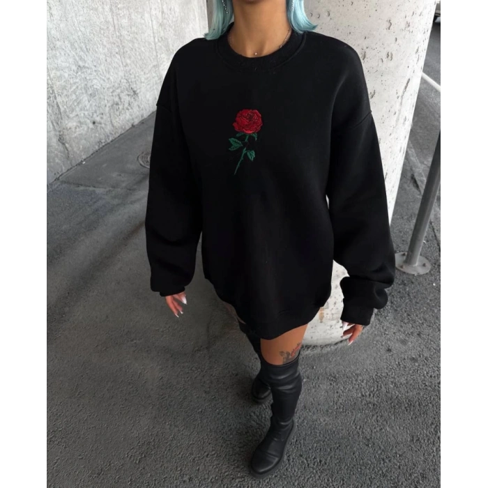 Oversize Üç İplik Bisiklet Yaka Baskılı SweatShirt - Siyah