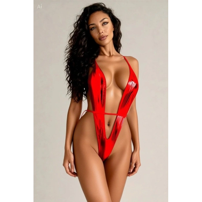 Özel Tasarım Kadın Kırmızı Parlak Bodysuit