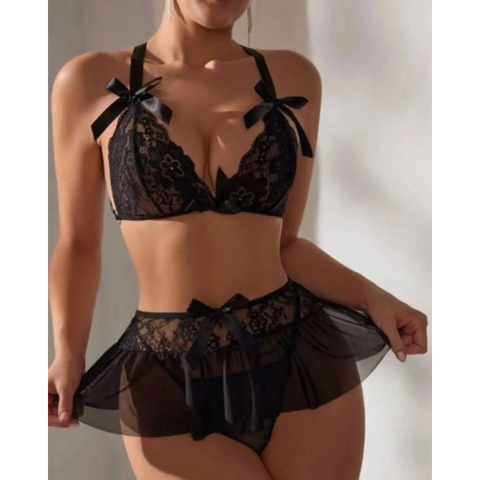 Özel Tasarım Kadın Siyah Dantel Babydoll Mini Gecelik