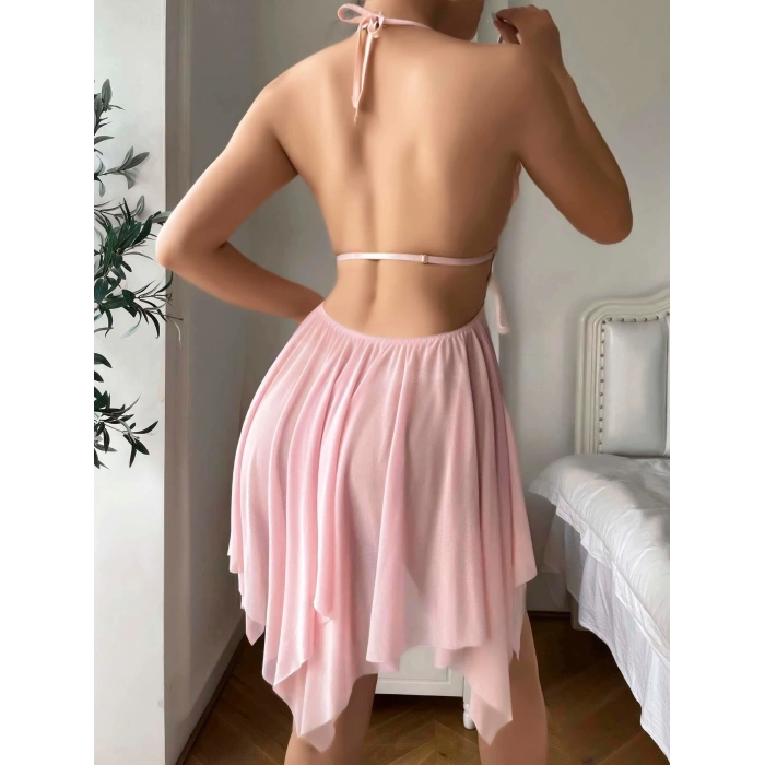 Pembe  İşlemeli Tül Fantezi Gecelik