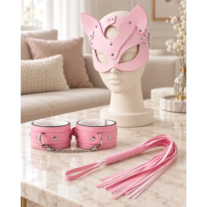 Pembe Kedi Maskesi Kelepçe Kırbaç Seti 3 Parça