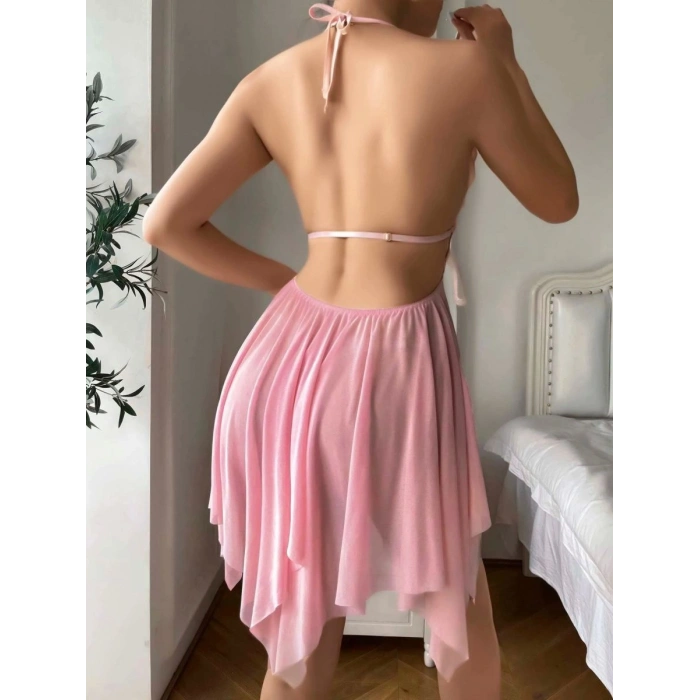 Pembe Tül  Detaylı Gecelik Kadın İç Giyim