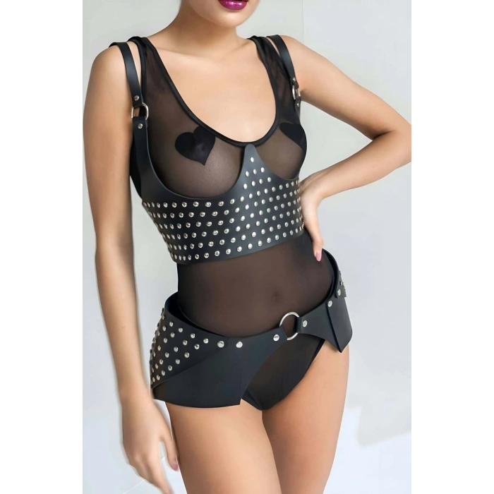 Perçin Detaytlı Şık Kemer Ve Harness Takım - 1303