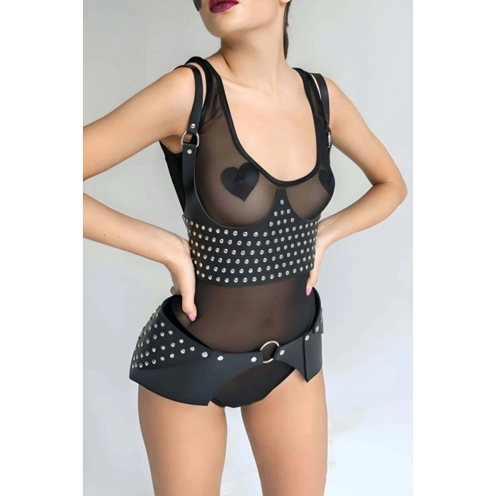 Perçin Detaytlı Şık Kemer Ve Harness Takım - 1303