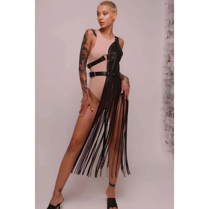 Püsküllü Deri Ceket Harness, Püsküllü Seksi Deri Harness - 1014