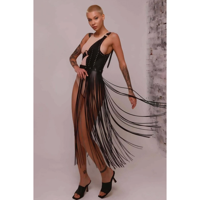 Püsküllü Deri Ceket Harness, Püsküllü Seksi Deri Harness - 1014
