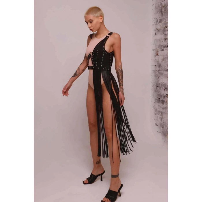 Püsküllü Deri Ceket Harness, Püsküllü Seksi Deri Harness - 1014
