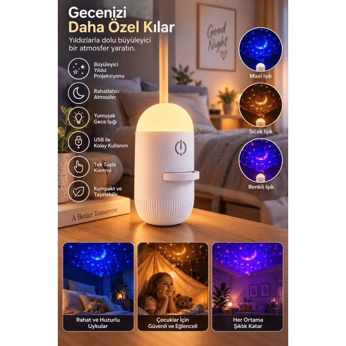 Romantik Atmosfer İçin Ay Yıldız Projeksiyonlu Gece Lambası