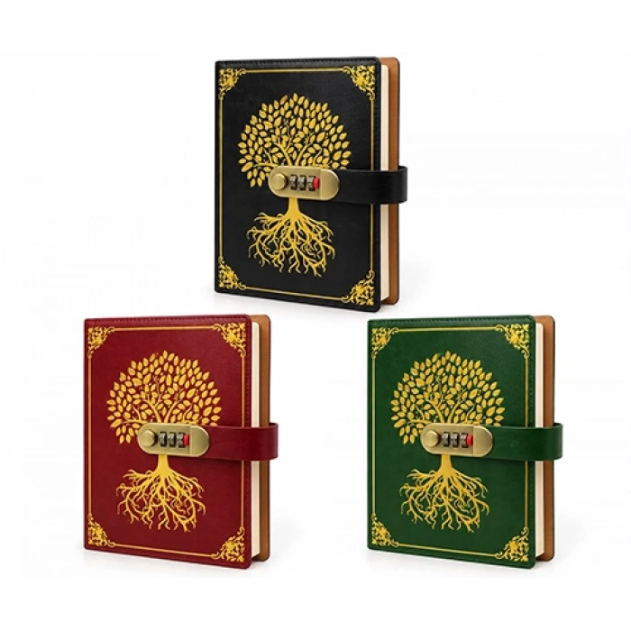 Şifreli Hayat Ağacı Desenli Deri Defter