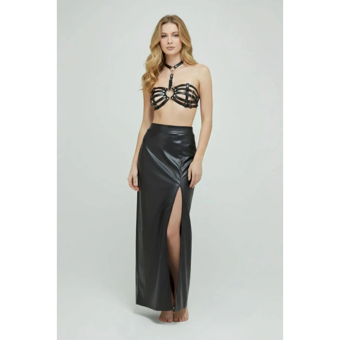 Siyah Göğüs Harness Deri Kafes Detaylı Bralet - 224