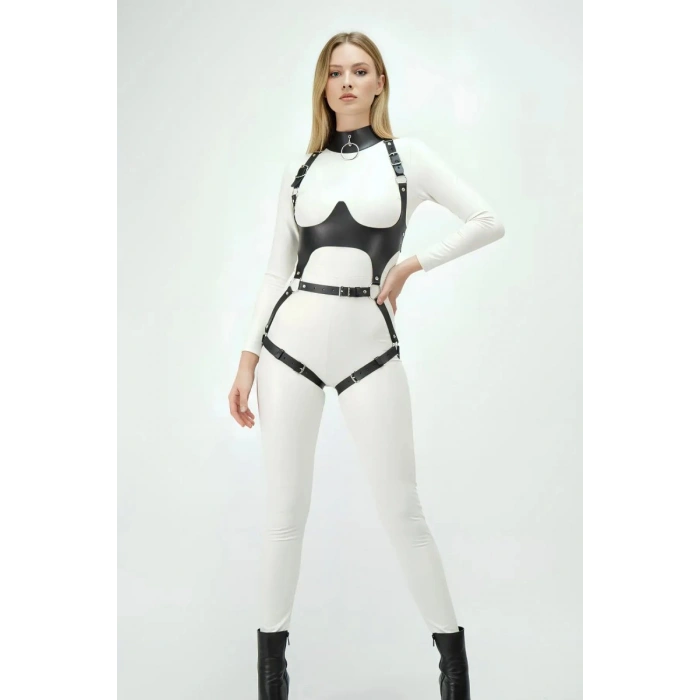 Siyah Göğüs Harness Deri Tokalı Vücut Korse - 1402