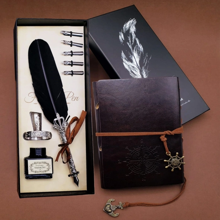 Tüylü Kalem ve Deri Defter Set