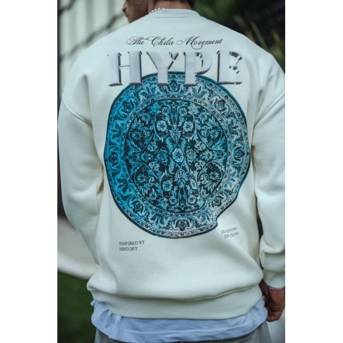 Üç İplik Bisiklet Yaka Baskılı SweatShirt - Beyaz