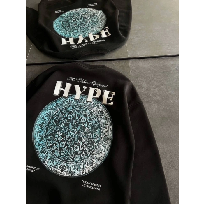 Üç İplik Bisiklet Yaka Baskılı SweatShirt - Siyah