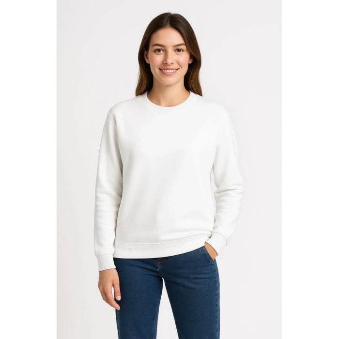Üç İplik Düz Bisiklet Yaka SweatShirt - Beyaz