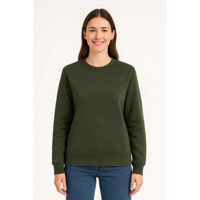 Üç İplik Düz Bisiklet Yaka SweatShirt - Haki
