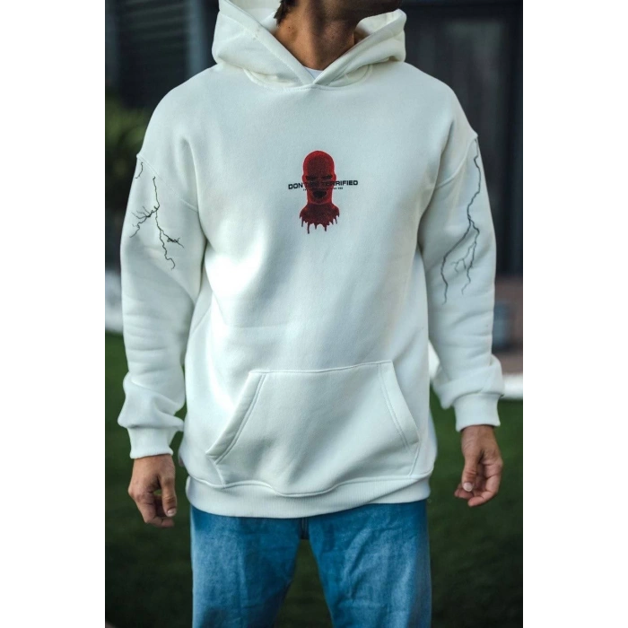 Üç İplik Kapüşonlu Baskılı Oversize SweatShirt- Beyaz