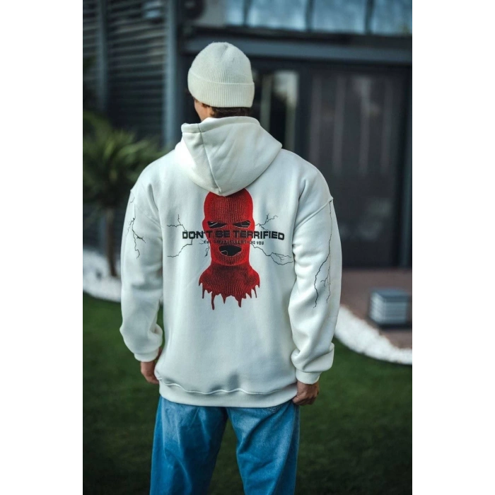 Üç İplik Kapüşonlu Baskılı Oversize SweatShirt- Beyaz