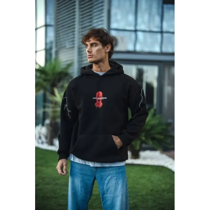 Üç İplik Kapüşonlu Baskılı Oversize SweatShirt- Siyah