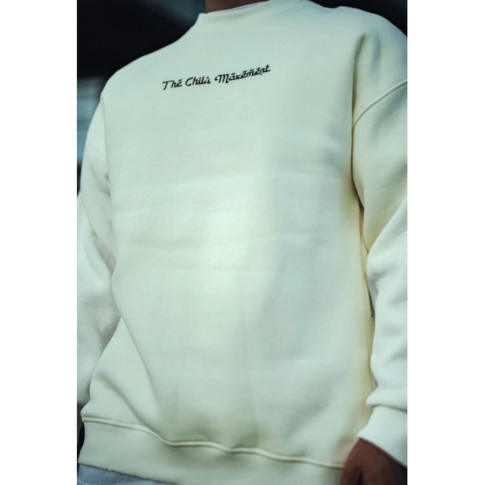 Üç İplik Penye Bisiklet Yaka Oversize Baskılı SweatShirt - Beyaz