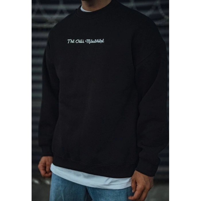 Üç İplik Penye Bisiklet Yaka Oversize Baskılı SweatShirt - Siyah