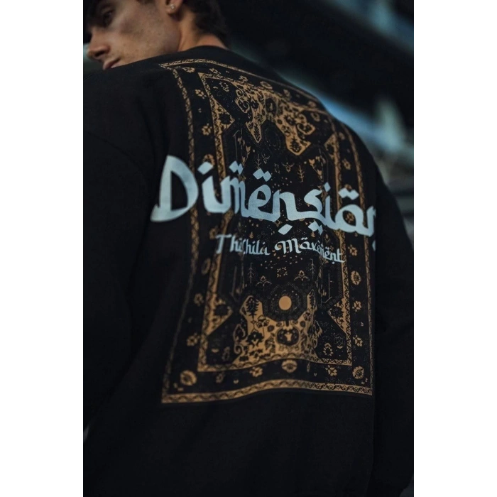 Üç İplik Penye Bisiklet Yaka Oversize Baskılı SweatShirt - Siyah