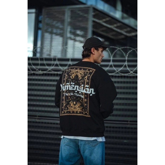 Üç İplik Penye Bisiklet Yaka Oversize Baskılı SweatShirt - Siyah