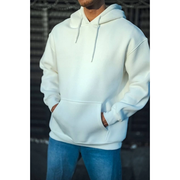 Üç İplik Penye Kapşonlu Basic SweatShirt - Beyaz
