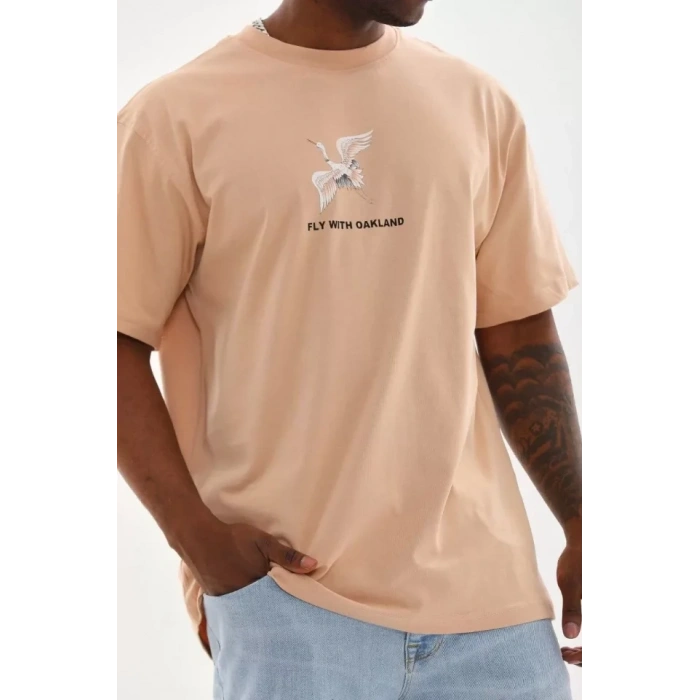 Unisex Baskılı Oversize T-Shirt - Bej
