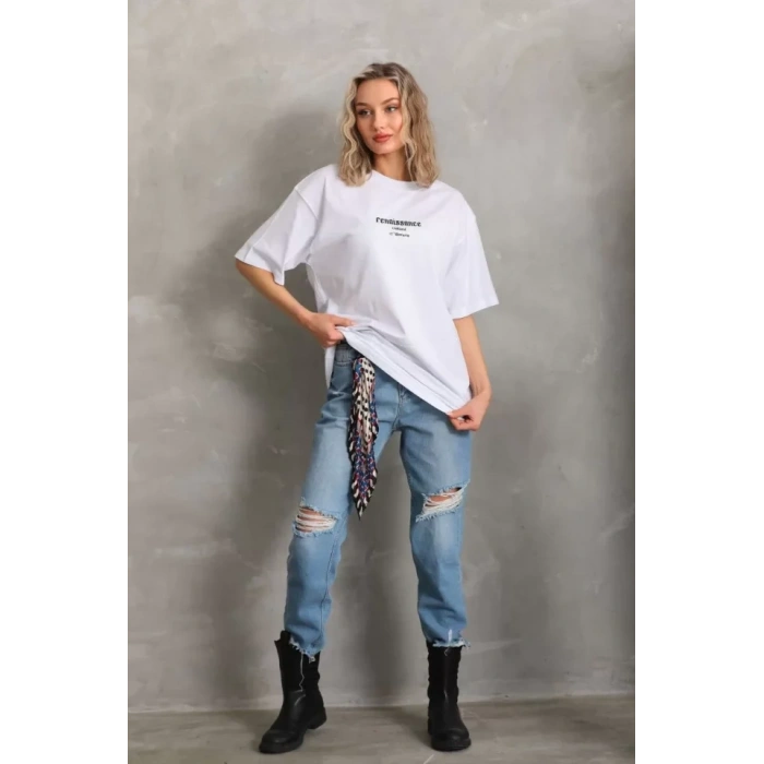 Unisex Baskılı Oversize T-Shirt - Beyaz