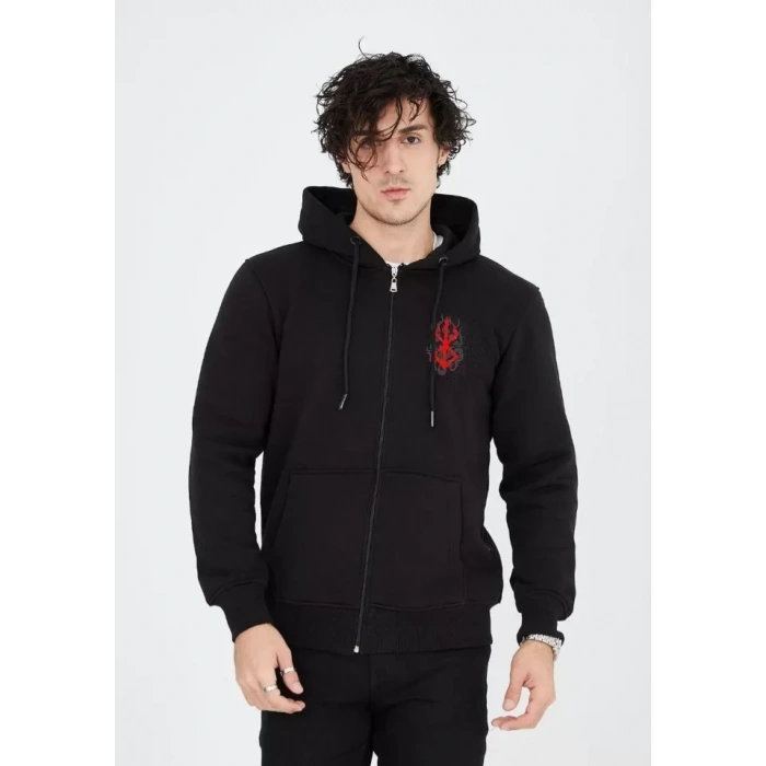 Unisex Baskılı Tam Fermuarlı Kapşonlu SweatShirt - Siyah