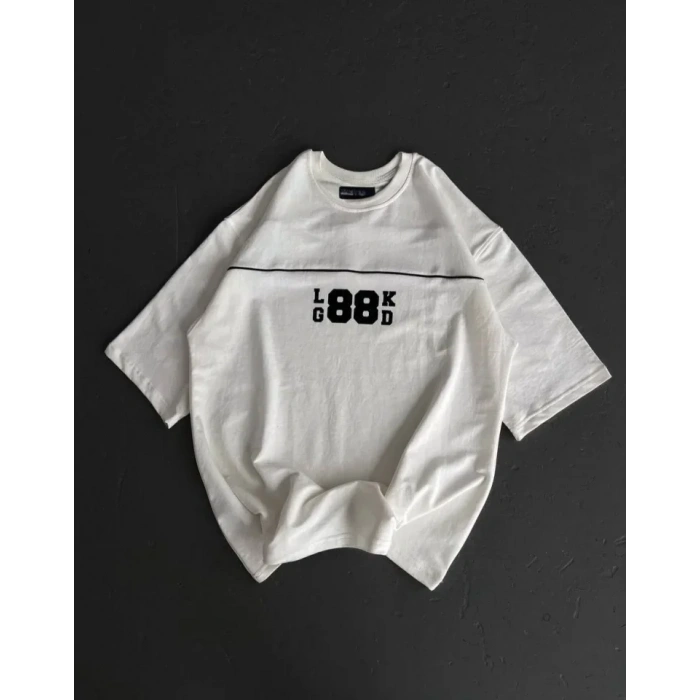 Unisex Bisiklet Yaka Baskılı Oversize T-Shirt - Beyaz