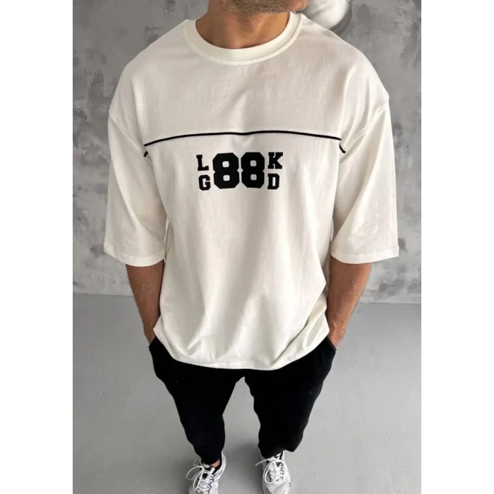 Unisex Bisiklet Yaka Baskılı Oversize T-Shirt - Beyaz