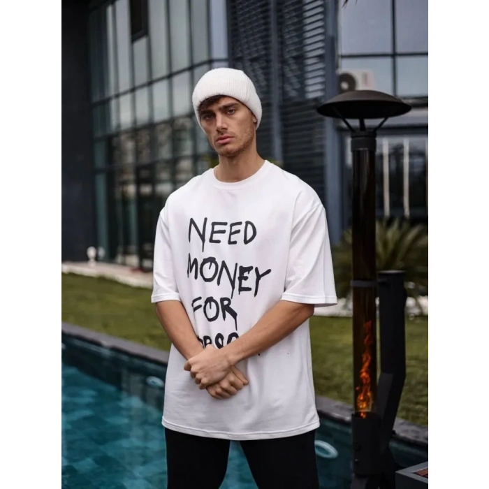 Unisex Bisiklet Yaka Baskılı Oversize T-Shirt - Beyaz